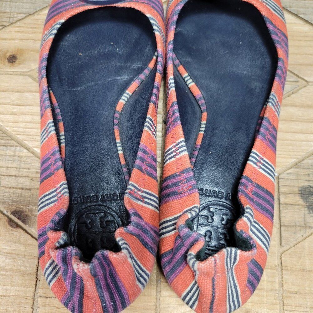 Tory Burch Reva Bauer 5.5M Ballet Flats Slip On Shoes Red Multi Stripe Canvas - Picture 10 of 11